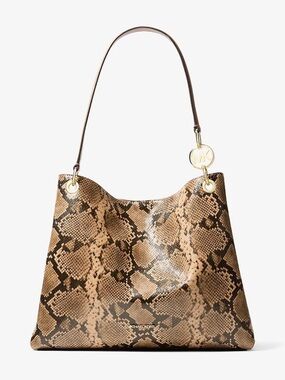 Michael Kors Brown Tan Snake-Print Shoulder Bag with Gold Charm